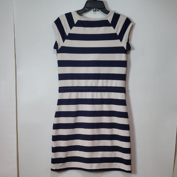 Navy & White Striped Casual Drawstring Waist Cotton Dress Short Sleeve Scoop Nec - Picture 13 of 14